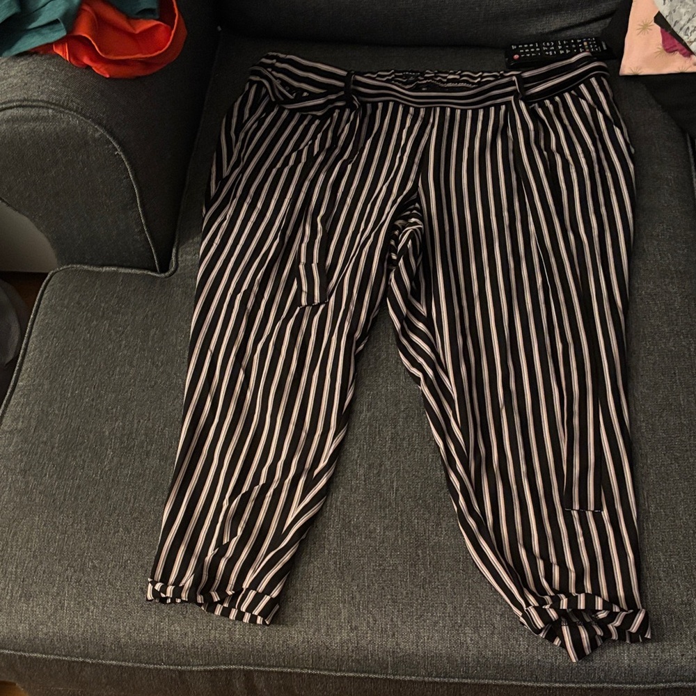 Black, pink and White Striped Pants with tie fold